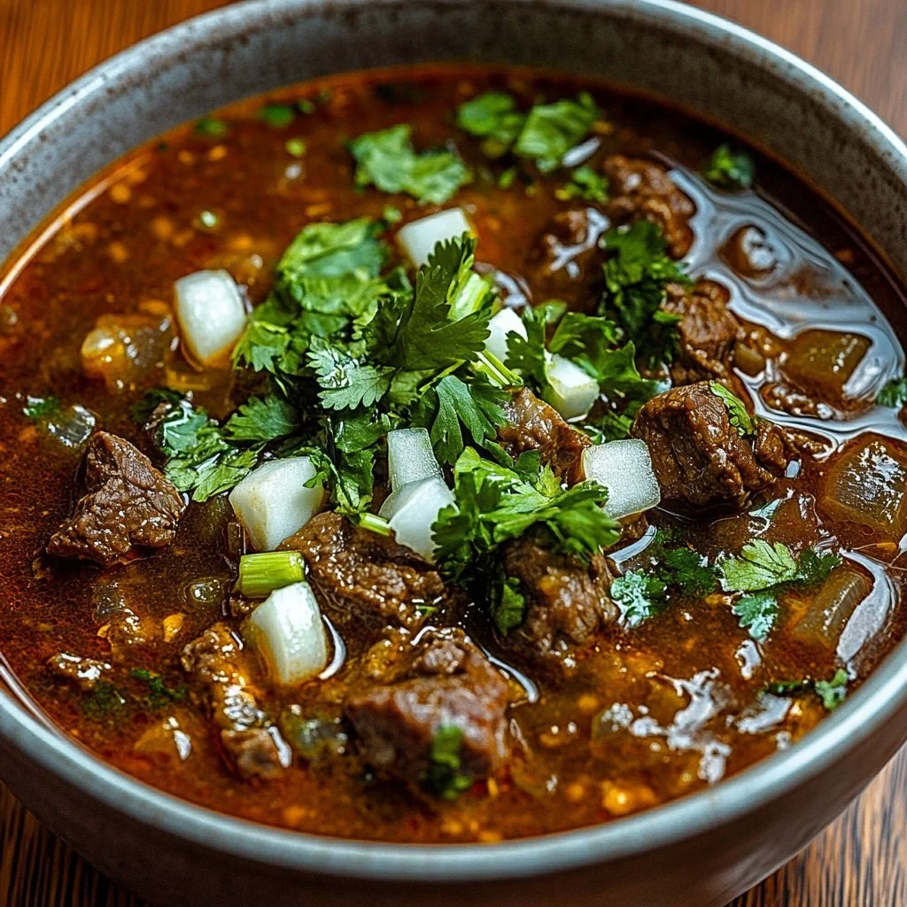 Bowl of Traditional Mexican Birria garnished with onion and cilantro