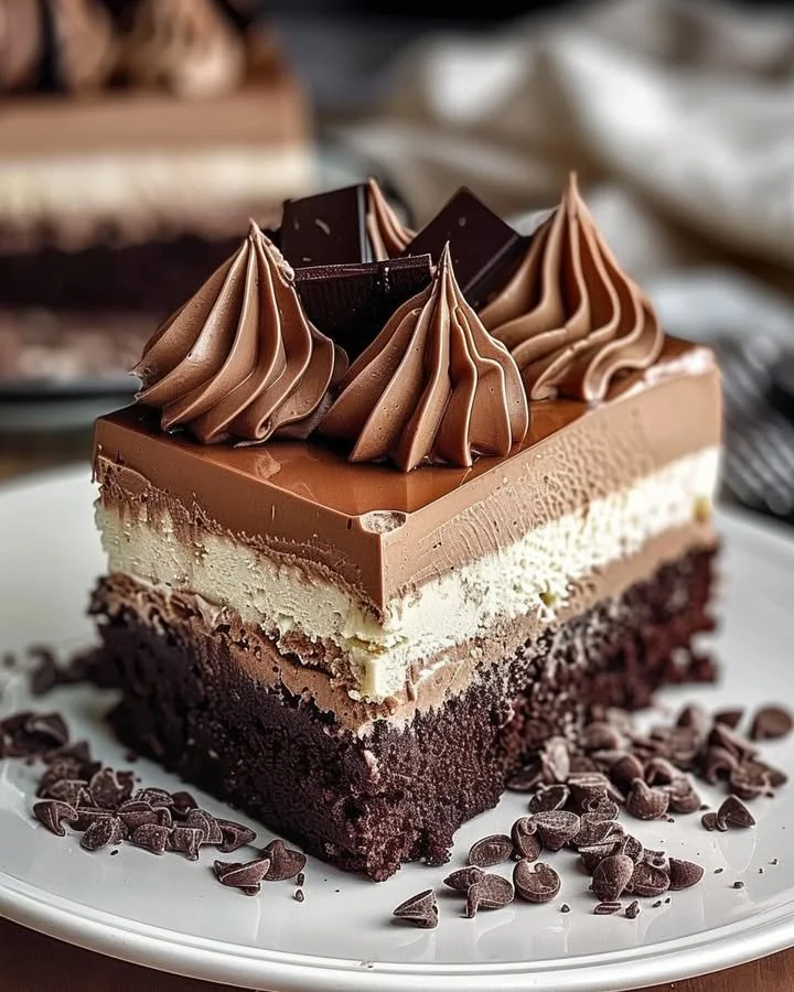 Triple Chocolate Mousse Cake with a rich and decadent chocolate topping