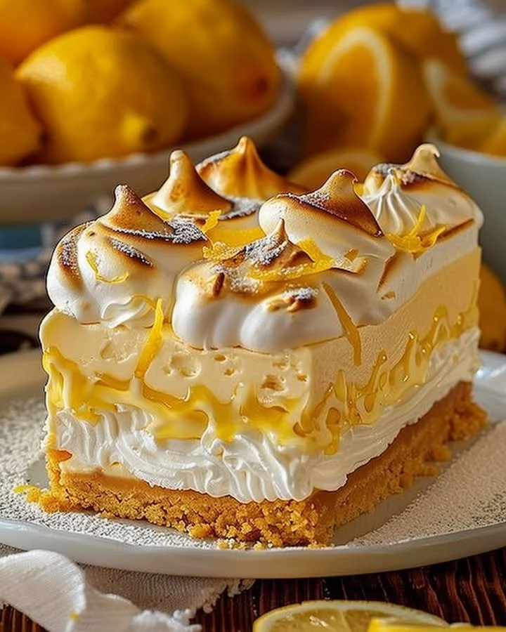 Triple Lemon Meringue Cheesecake with lemon toppings and meringue