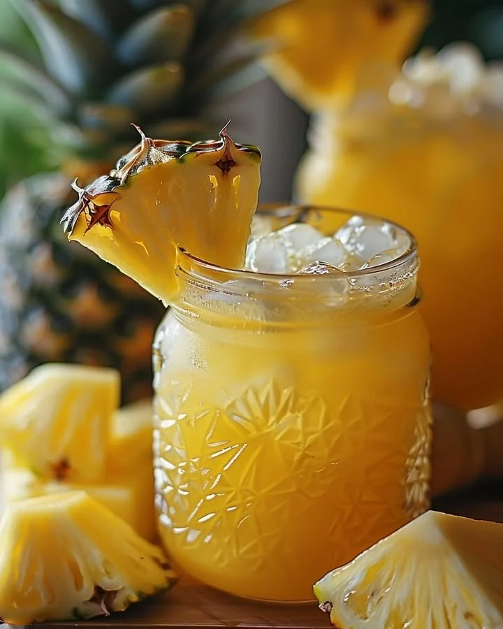 Refreshing Tropical Bliss Pineapple Lemonade in a glass with fresh pineapple slices.