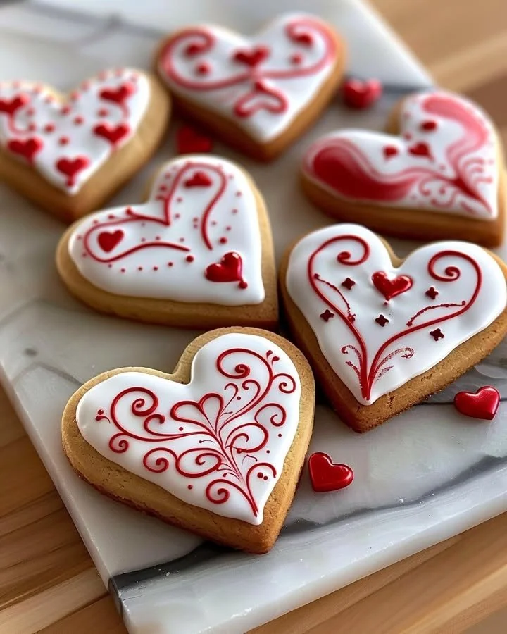 Heart-shaped Valentine’s Day Royal Icing Cookies decorated with vibrant colors