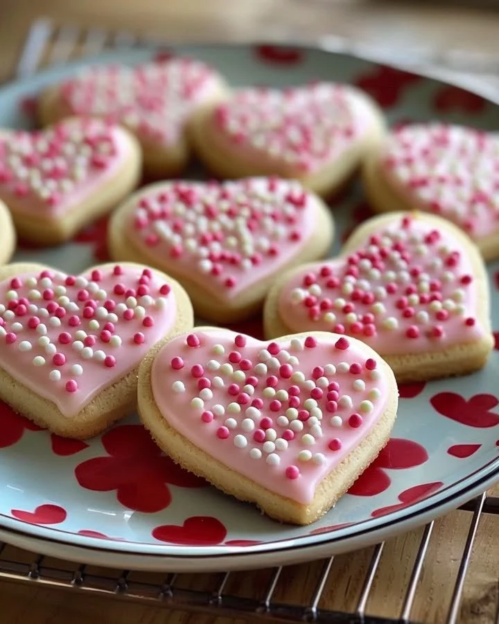 Decorated Valentine's Day sugar cookies in heart shapes