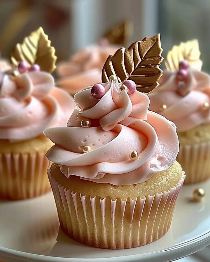 Vanilla cupcakes adorned with blush pink buttercream frosting