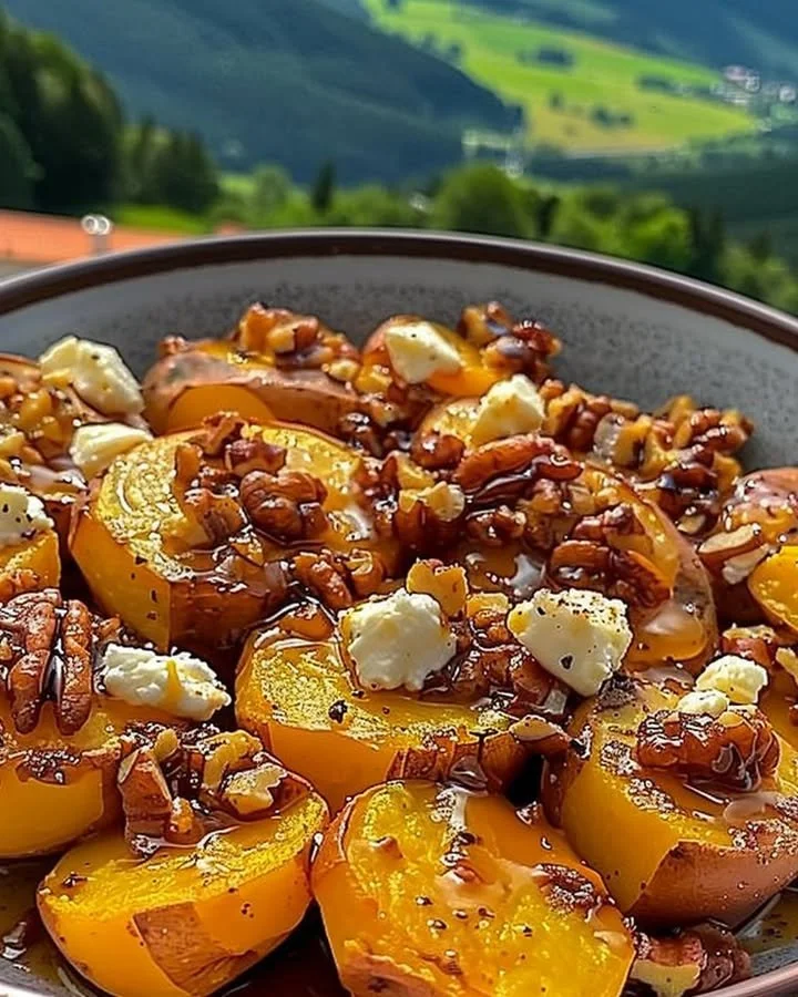 Walnut maple goat cheese roasted sweet potatoes garnished and ready to serve.