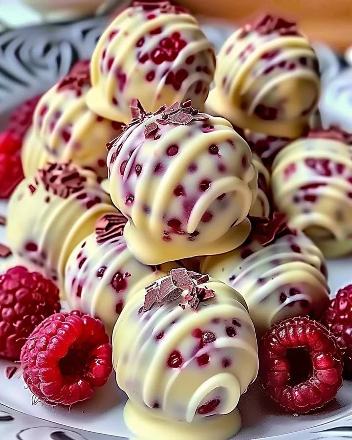 Decadent white chocolate raspberry cheesecake balls on a decorative plate