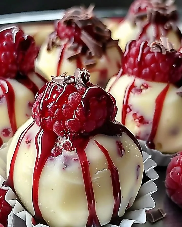 Delicious white chocolate raspberry cheesecake balls ready to be served