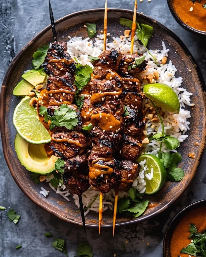 Delicious Thai peanut steak skewers glazed with zesty sauce