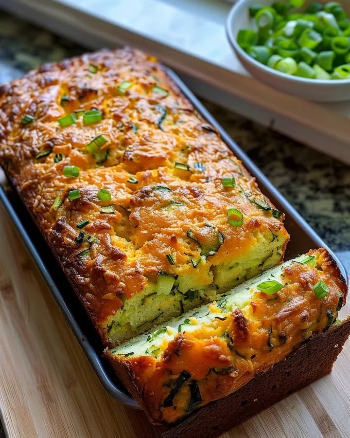 Freshly baked Zucchini Cheese Bread with cheese and zucchini slices