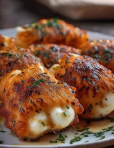 Air-fried buffalo chicken mozzarella sticks with a crispy golden exterior.