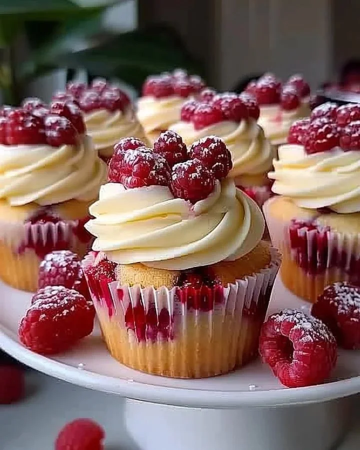 Almond wedding cupcakes filled with raspberry for a sweet celebration treat