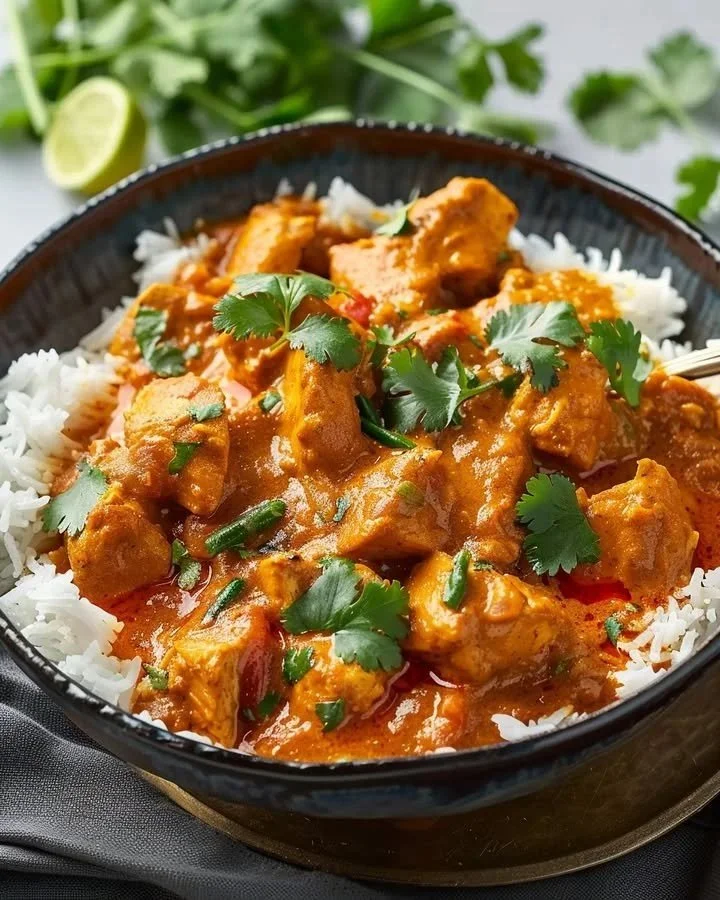 Aromatic Indian creamy coconut chicken curry served in a bowl with herbs.