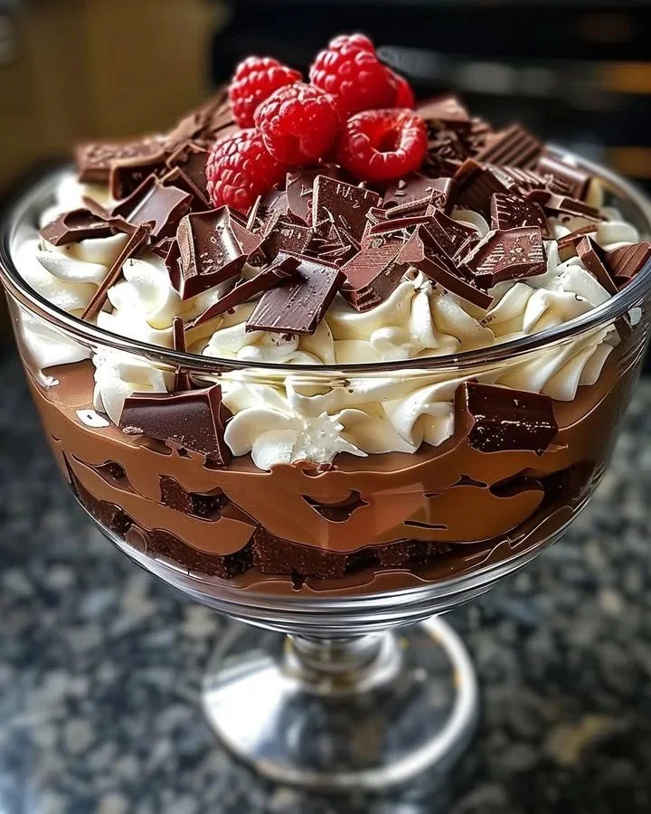 Delicious Baileys cocoa cheesecake trifle served in a glass with chocolate layers