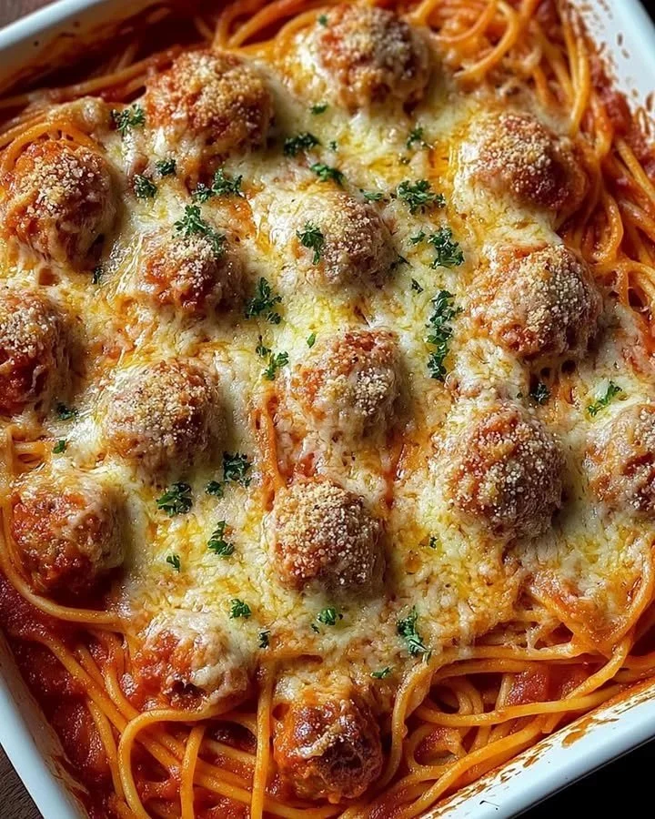 Baked spaghetti with meatballs topped with melted cheese and garnished with parsley