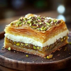 Baklava Cheesecake topped with honey and pistachios on a white plate
