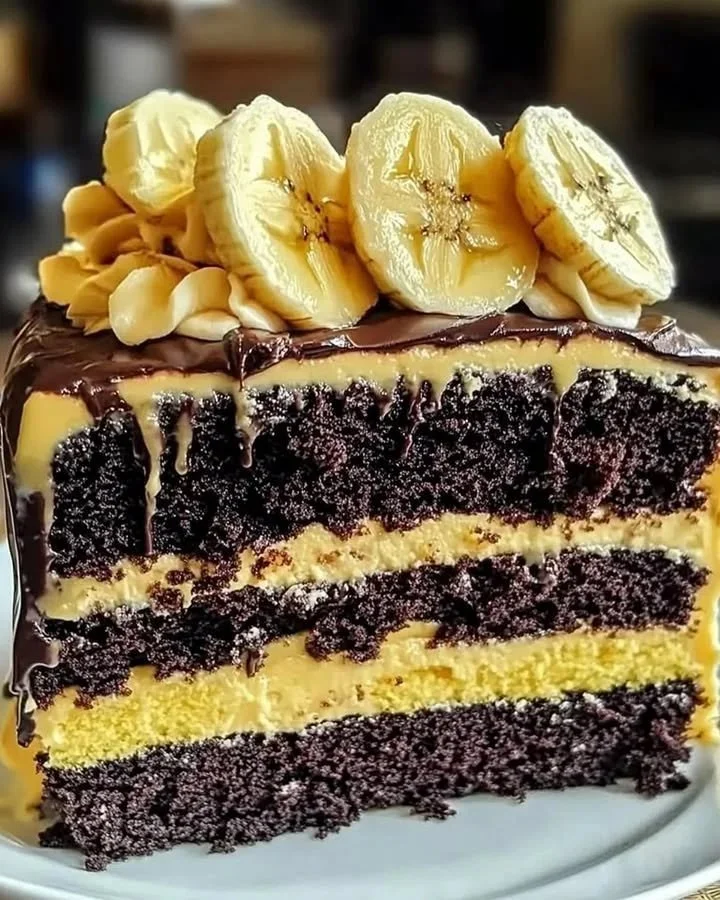Slice of delicious banana chocolate layer cake topped with chocolate frosting