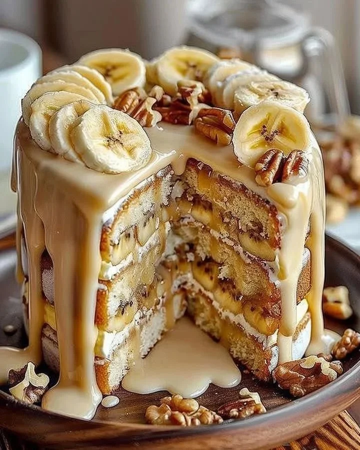 Delicious and fluffy Banana Walnut Cloud Cake topped with walnuts