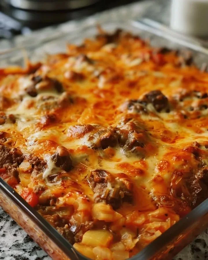 Delicious Beef Cabbage Bake served in a baking dish