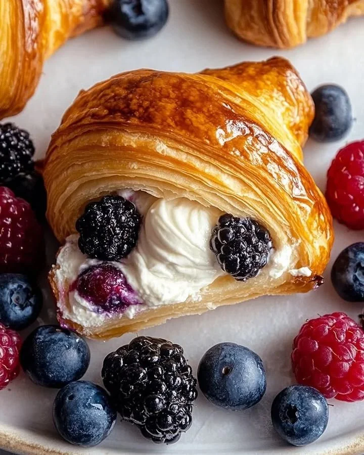 Berry cream filled croissants on a plate, showcasing their flaky texture and delicious filling.