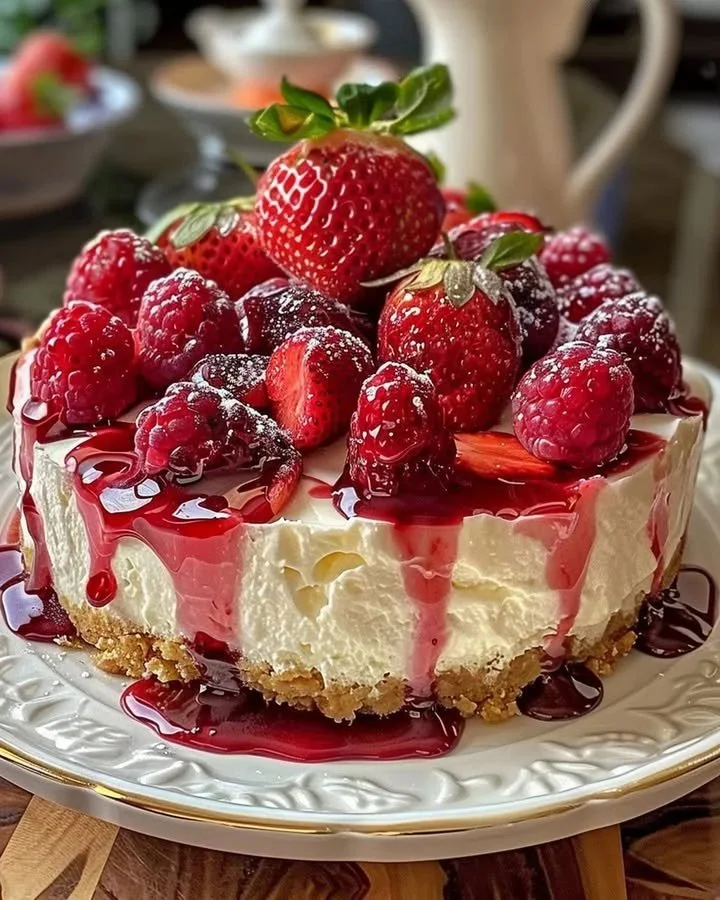 Delicious Berry Swirl Cheesecake topped with fresh berries and a creamy swirl