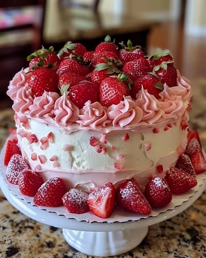 Delicious slice of best ever strawberry cake with fresh strawberries on top