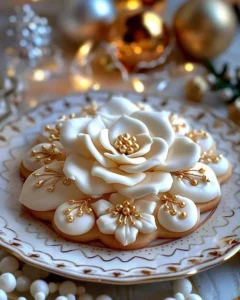 Blooming Chamomile Holiday Cookies with floral decoration on a festive plate.