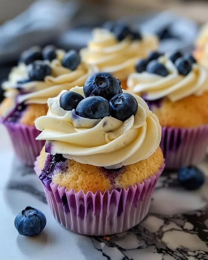 Blueberry cupcakes topped with white chocolate frosting on a rustic wooden table.