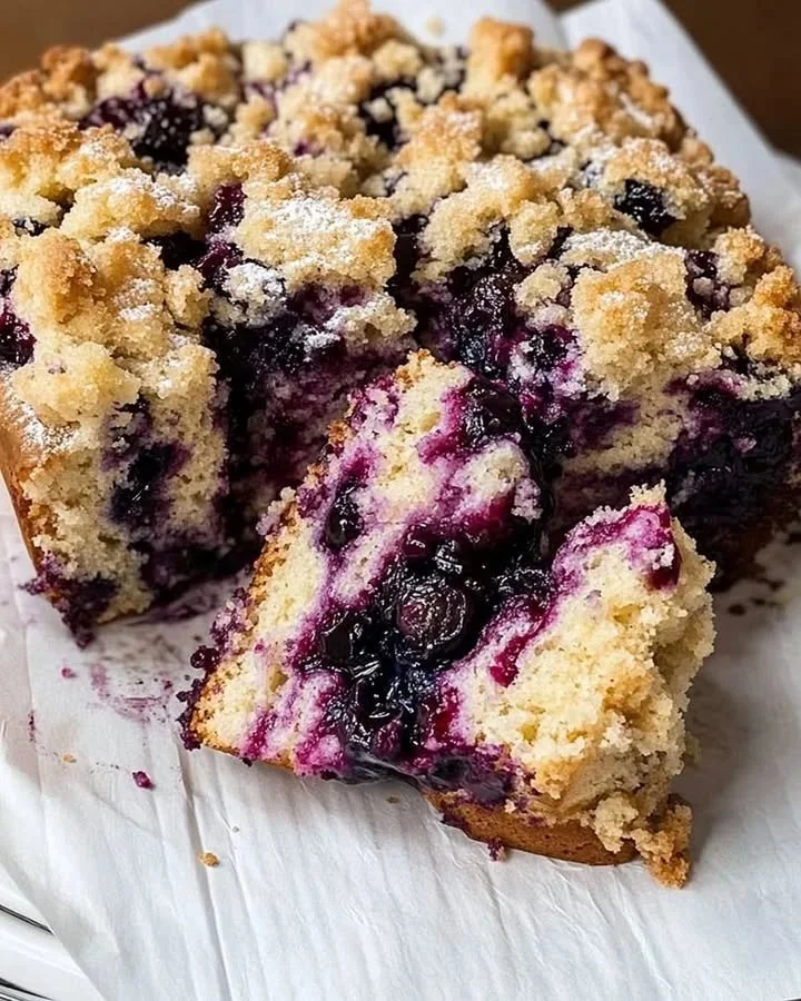 Delicious Blueberry Brioche Crumble Cake with a crunchy topping