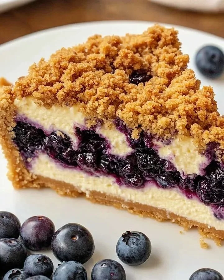 Delicious blueberry crumble cheesecake topped with fresh blueberries and crumble topping.