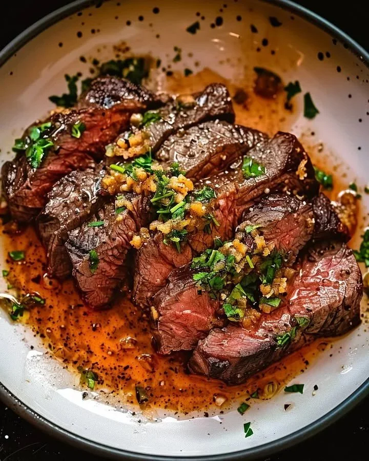 Delicious Brazilian Garlic Butter Steak served with fresh herbs and sides.