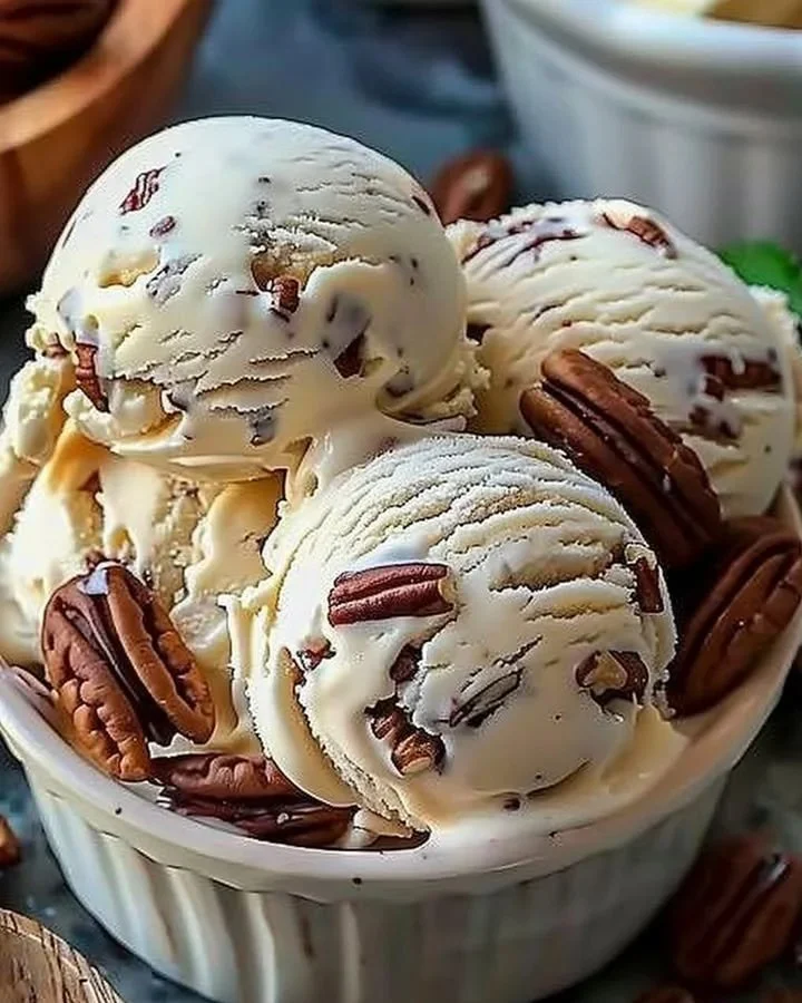 Delicious homemade butter pecan ice cream with crunchy pecans