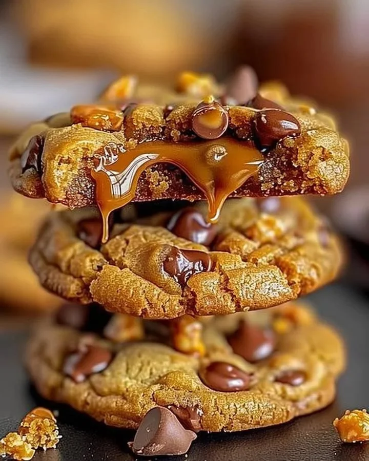 Delicious Butterfinger Caramel Crunch Cookies stacked on a plate