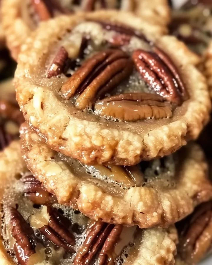 Buttery pecan pie cookies on a plate, showcasing their delicious texture.