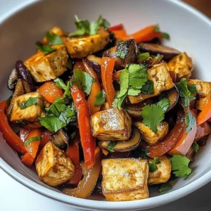 Cactus Pad Tofu Scramble served in a bowl with colorful vegetables