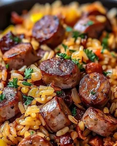 Cajun Sausage with Rice Skillet dish served in a frying pan