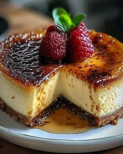 Delicious slice of caramel custard cheesecake with a rich caramel topping