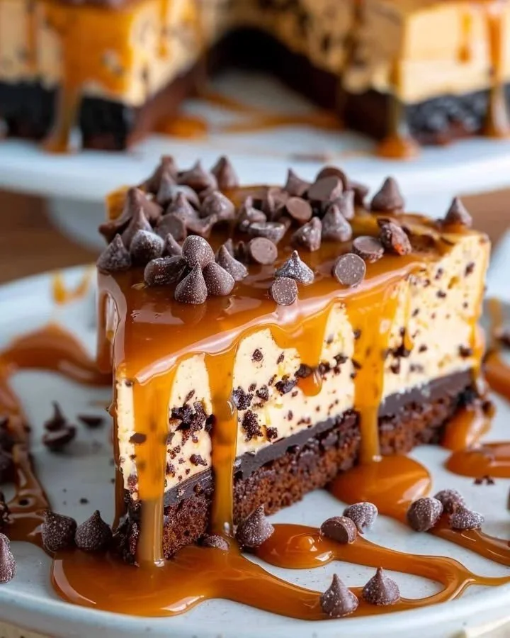 Delicious caramel drizzled brownie cheesecake on a decorative plate