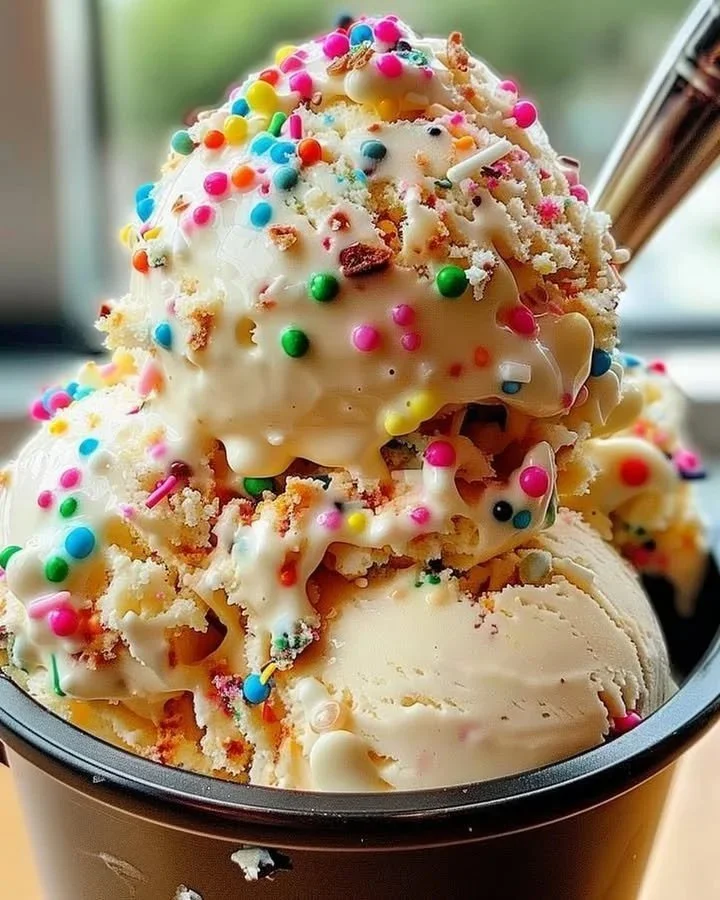 A delicious celebratory birthday cake ice cream topped with colorful sprinkles.