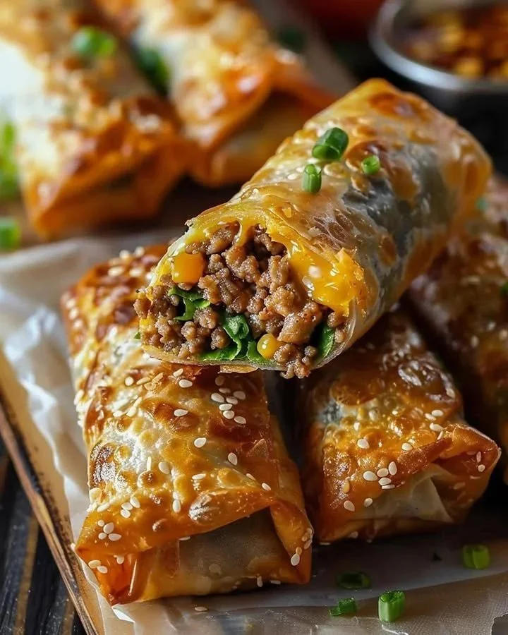 Plate of cheeseburger egg roll bites with dipping sauce