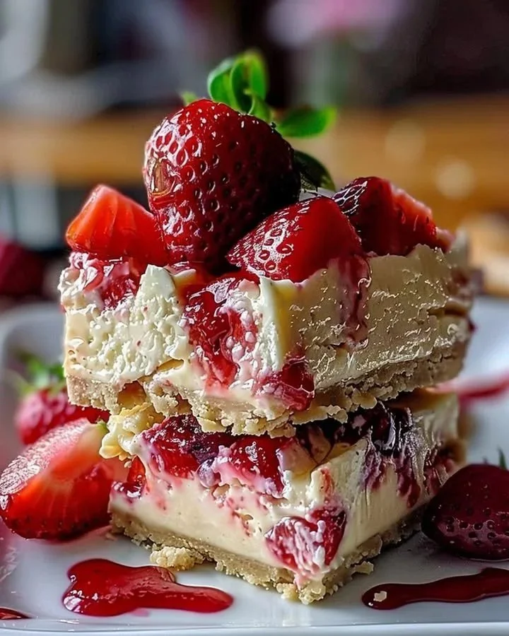 Delicious cheesecake bars topped with fresh strawberries on a white plate.