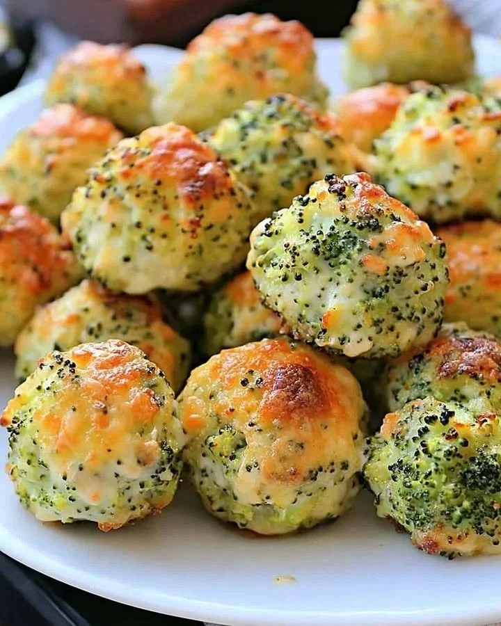 Cheesy baked broccoli balls on a plate garnished with herbs.