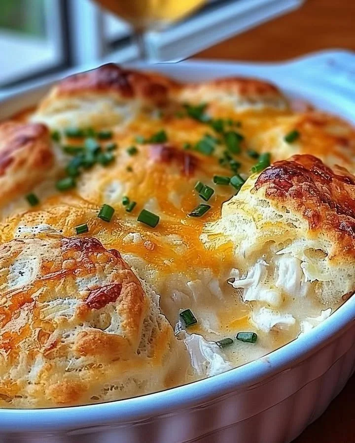 Cheesy chicken biscuit casserole served in a white baking dish
