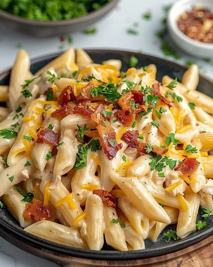 Delicious Cheesy Crack Chicken Penne served in a bowl