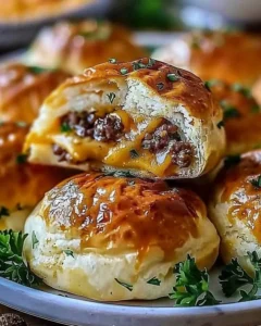 Cheesy garlic parmesan burgers garnished with herbs and served on a plate
