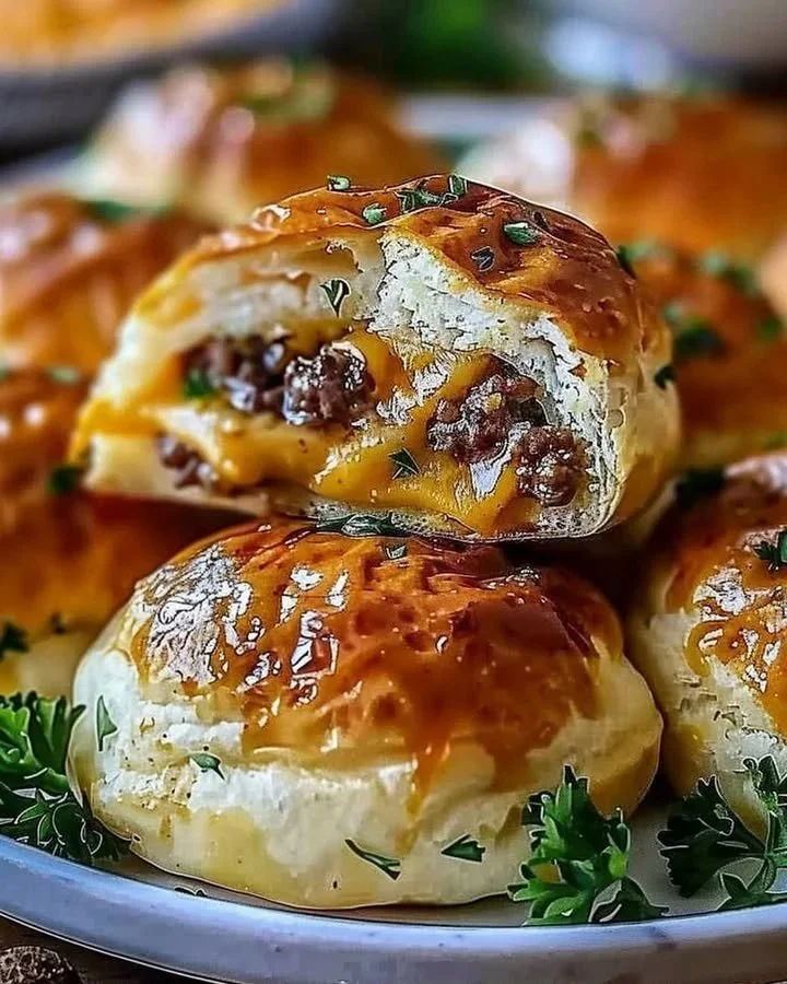 Cheesy garlic parmesan burgers garnished with herbs and served on a plate