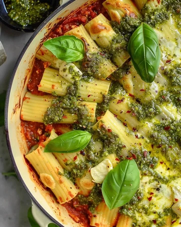 Cheesy pesto stuffed manicotti garnished with fresh basil and cheese