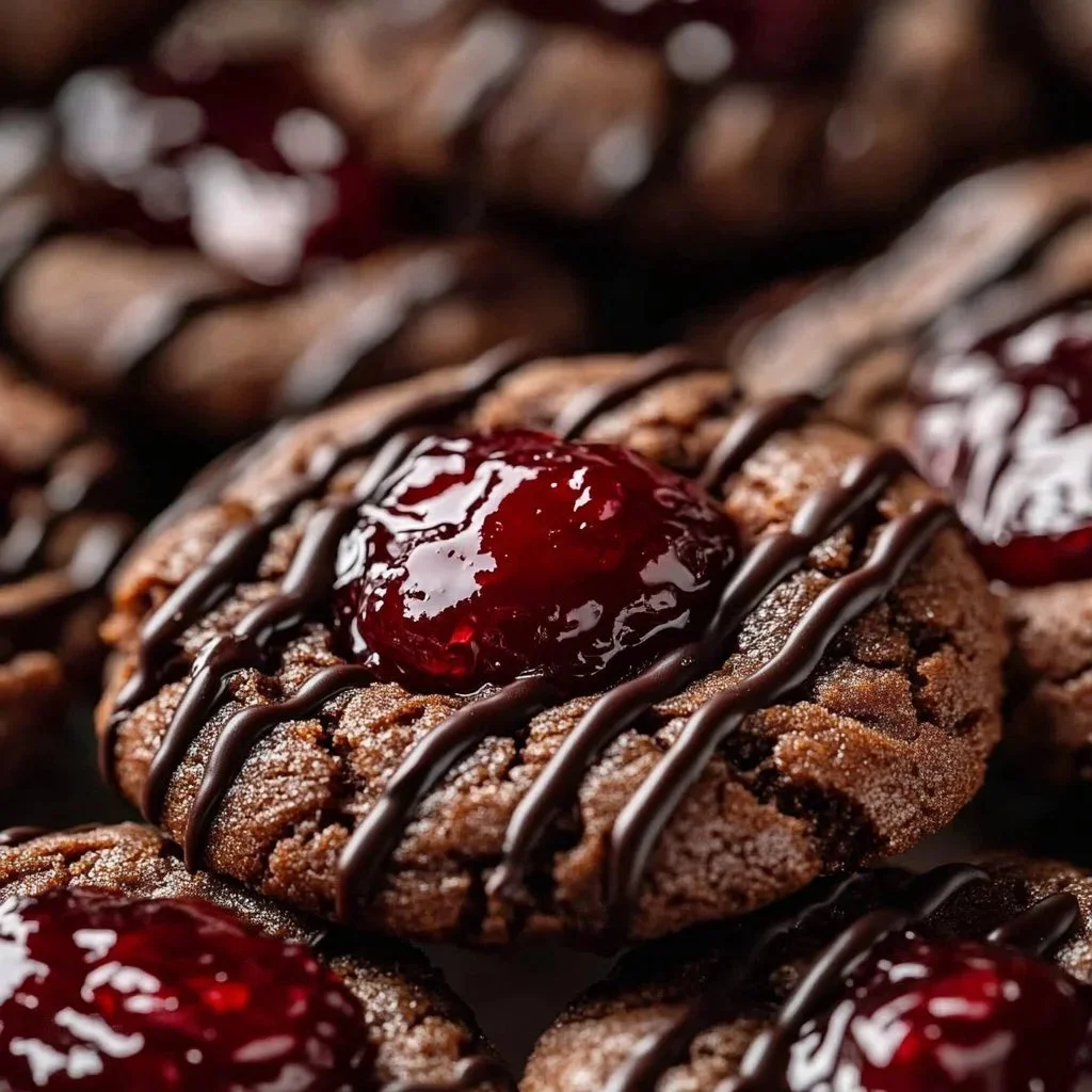 Freshly baked cherry-filled chocolate thumbprint cookies on a cooling rack