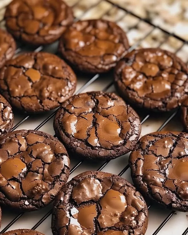 Freshly baked chewy chocolate fudge cookies on a cooling rack.