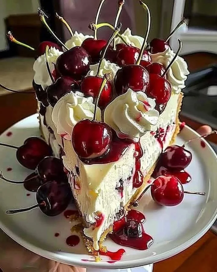 Chic Cherry Cheesecake topped with fresh cherries and a creamy filling