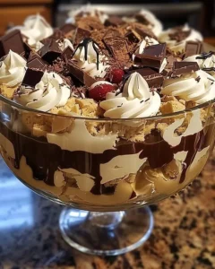 Delicious Chocolate Baileys Cheesecake Trifle layered with chocolate and creamy Baileys.