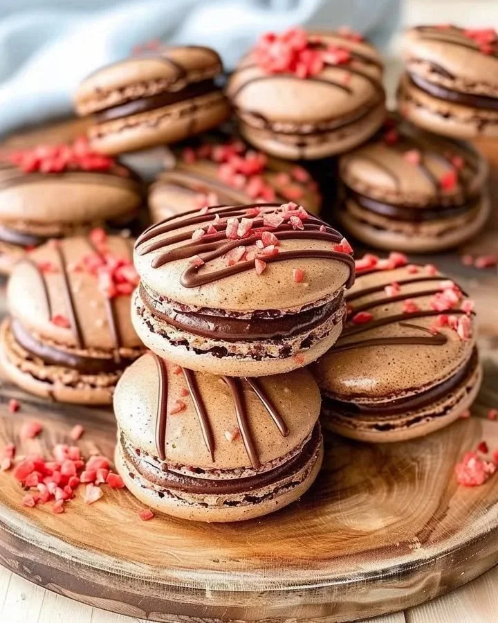 Delicious Chocolate Strawberry Macarons artfully arranged on a plate.